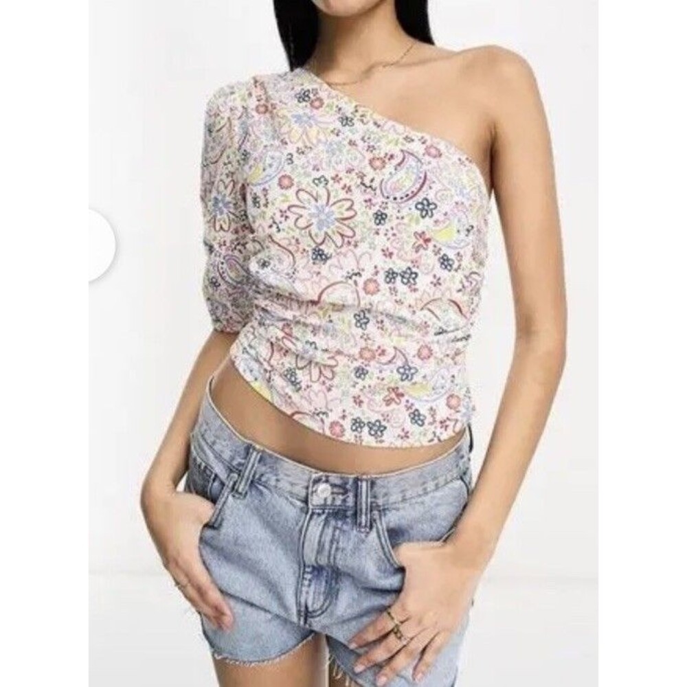 4 Asos Design one shoulder top with ruched side in paisley print